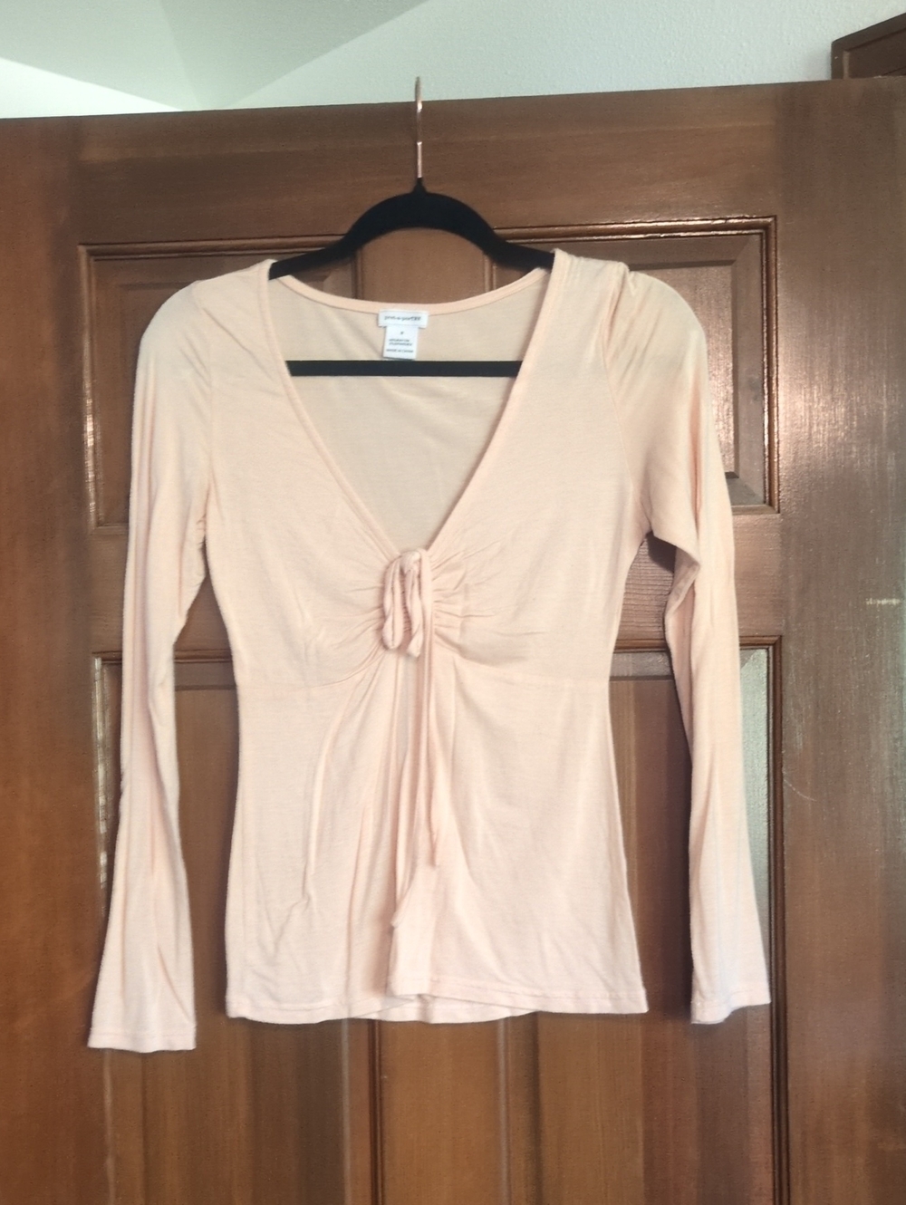 Light Peach Tie-Front Long Sleeve V-Neck Top